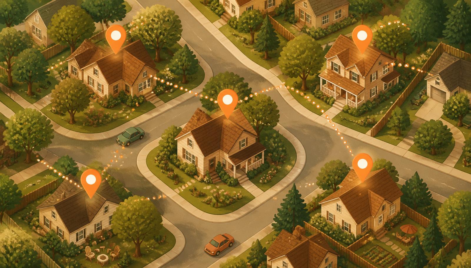Aerial view of a tree-lined neighborhood of homes